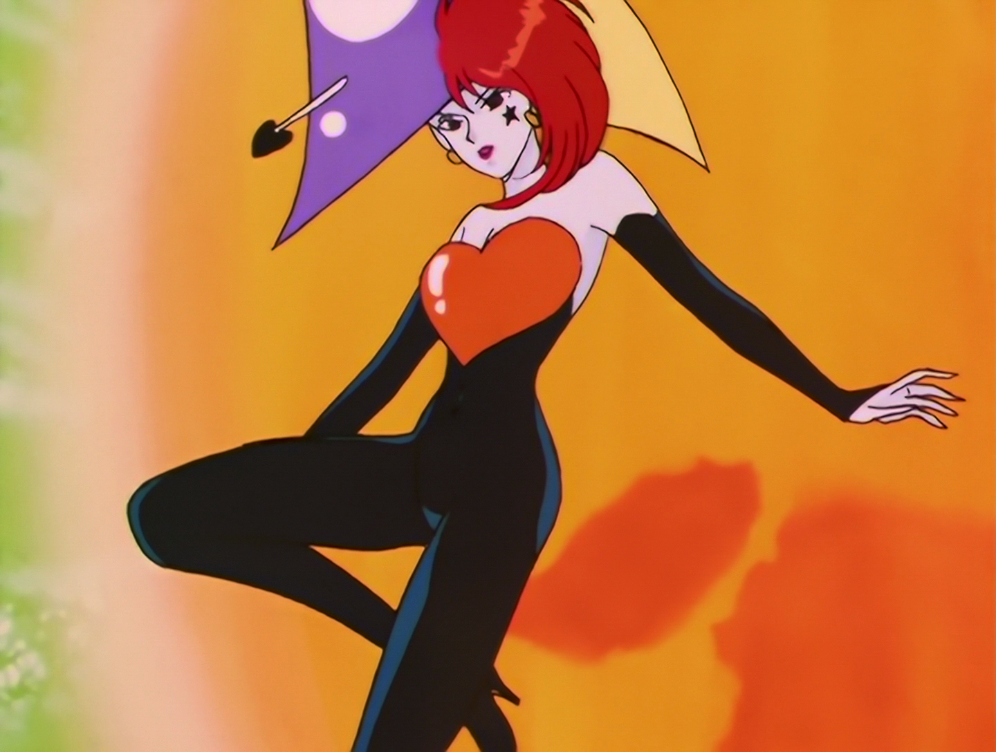 Daiheart, a Daimon from Sailor Moon episode 95. She has pale white skin and red hair. Kind of merged into her hair is a large… hat, I guess, consisting of large purple and yellow hearts. The purple heart has an arrow through it. Her outfit is black, with a large orange heart-shaped piece on the front. She has a black star mark on her cheek.